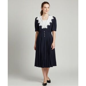 Vintage 90s SL Fashion Black Midi Dress Wide White Lapel Lace Gathered Waist 14